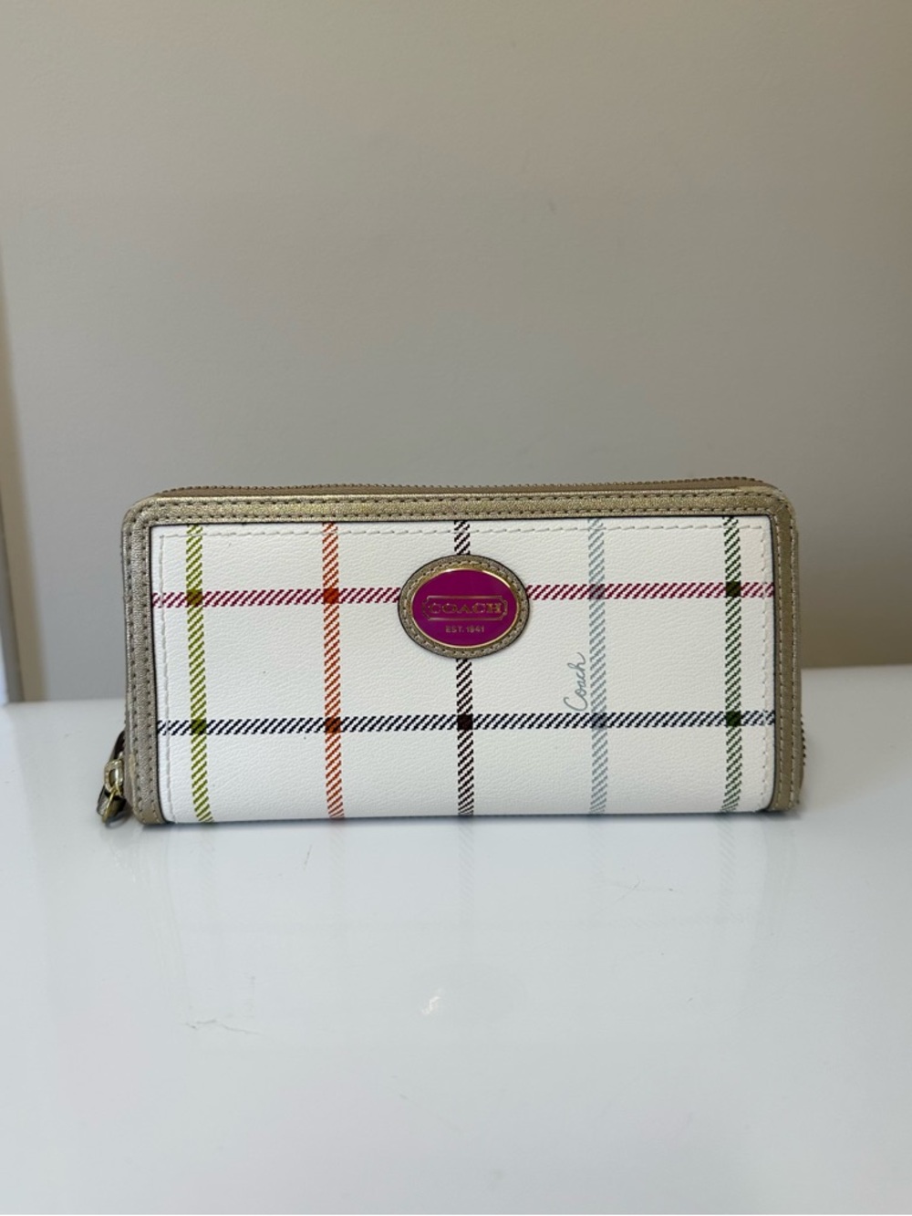 Coach Peyton Tattersall Plaid Zip Wallet